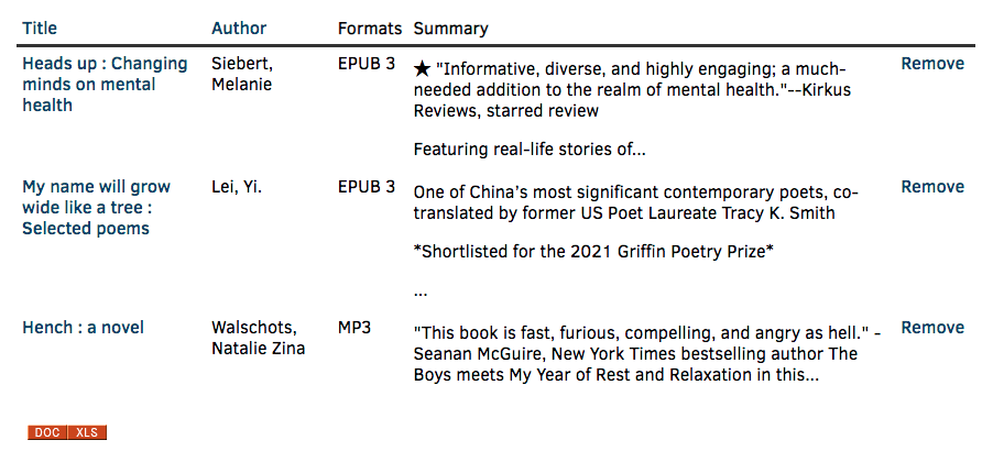 Screenshot of the bookshelf table in NNELS. The titles in the book shelf "Heads up: Changing minds on Mental Health",  are "My name will grow wild like a tree: Selected poems", and "Hench: a novel".