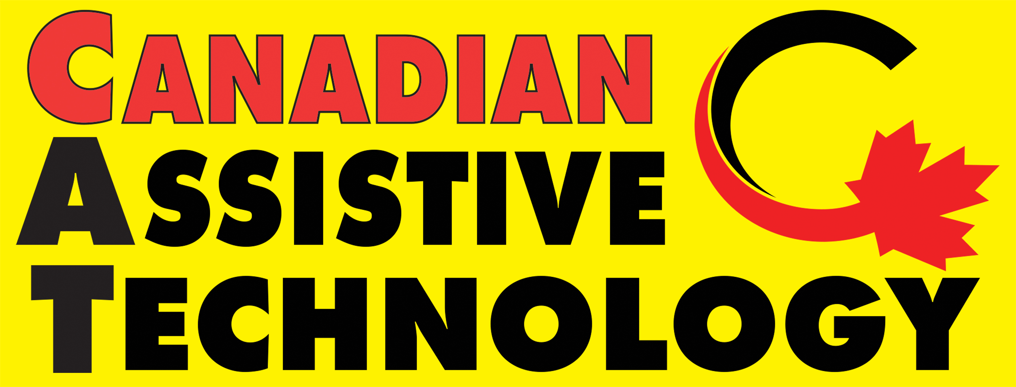 Logo canadien de la technologie d'assistance. Fond jaune avec du texte rouge (canadien) et noir (technologie d'assistance). Dans le coin droit se trouve une lettre C noire et rouge qui se termine par une feuille d'érable rouge.
