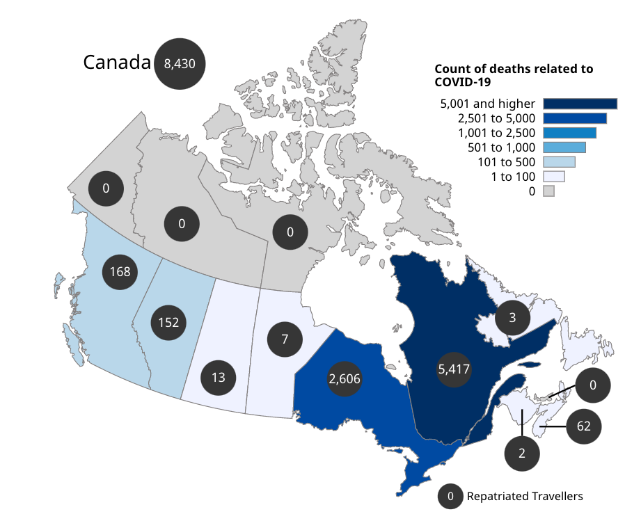 Map of Canada showing the number of deaths.