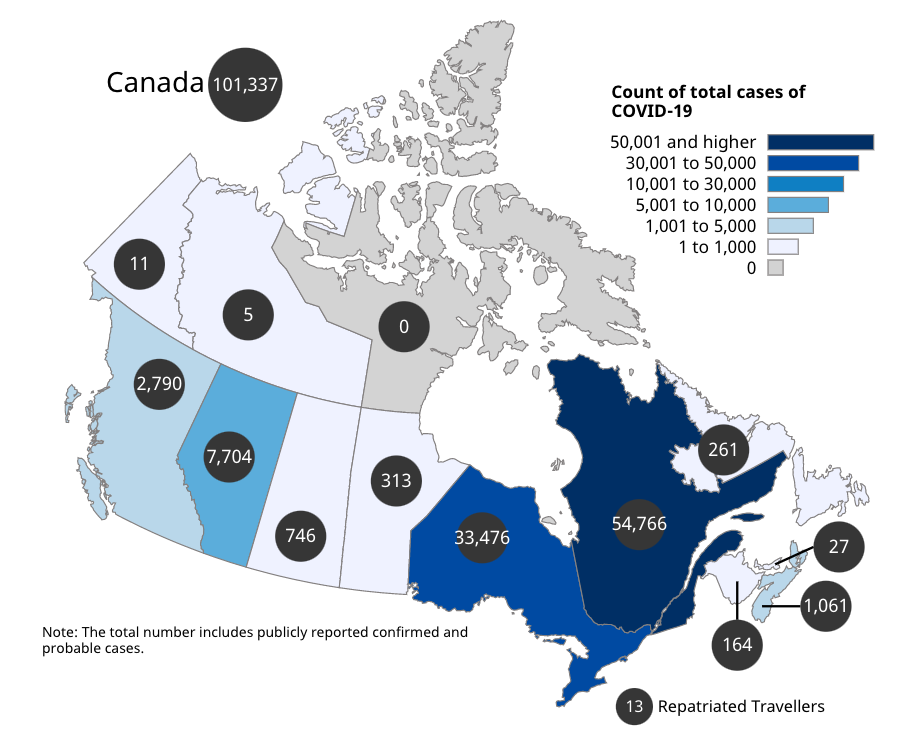 Map of Canada showing the number of confirmed cases per province