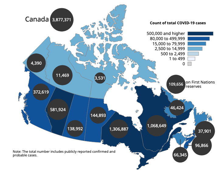 Map of Canada showing the number of confirmed cases.