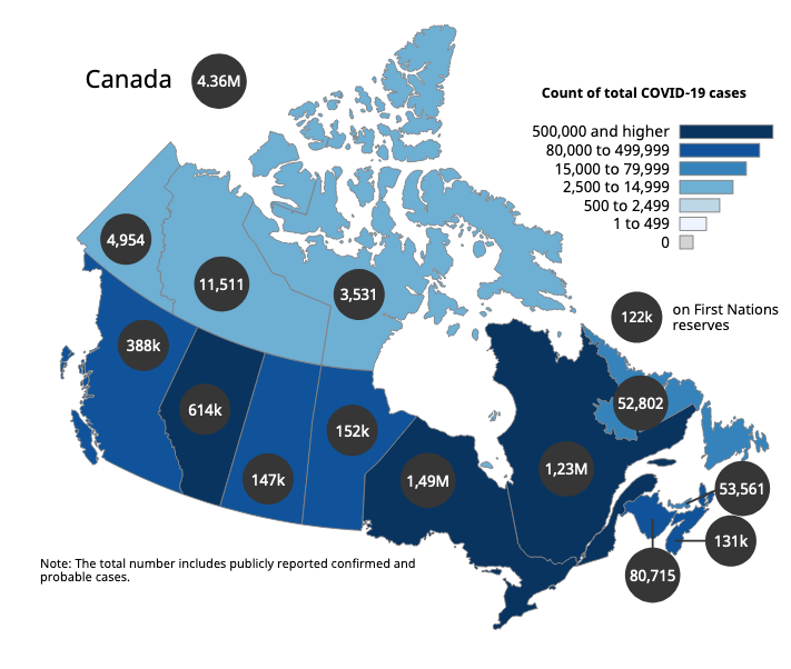 Map of Canada showing the number of confirmed cases.