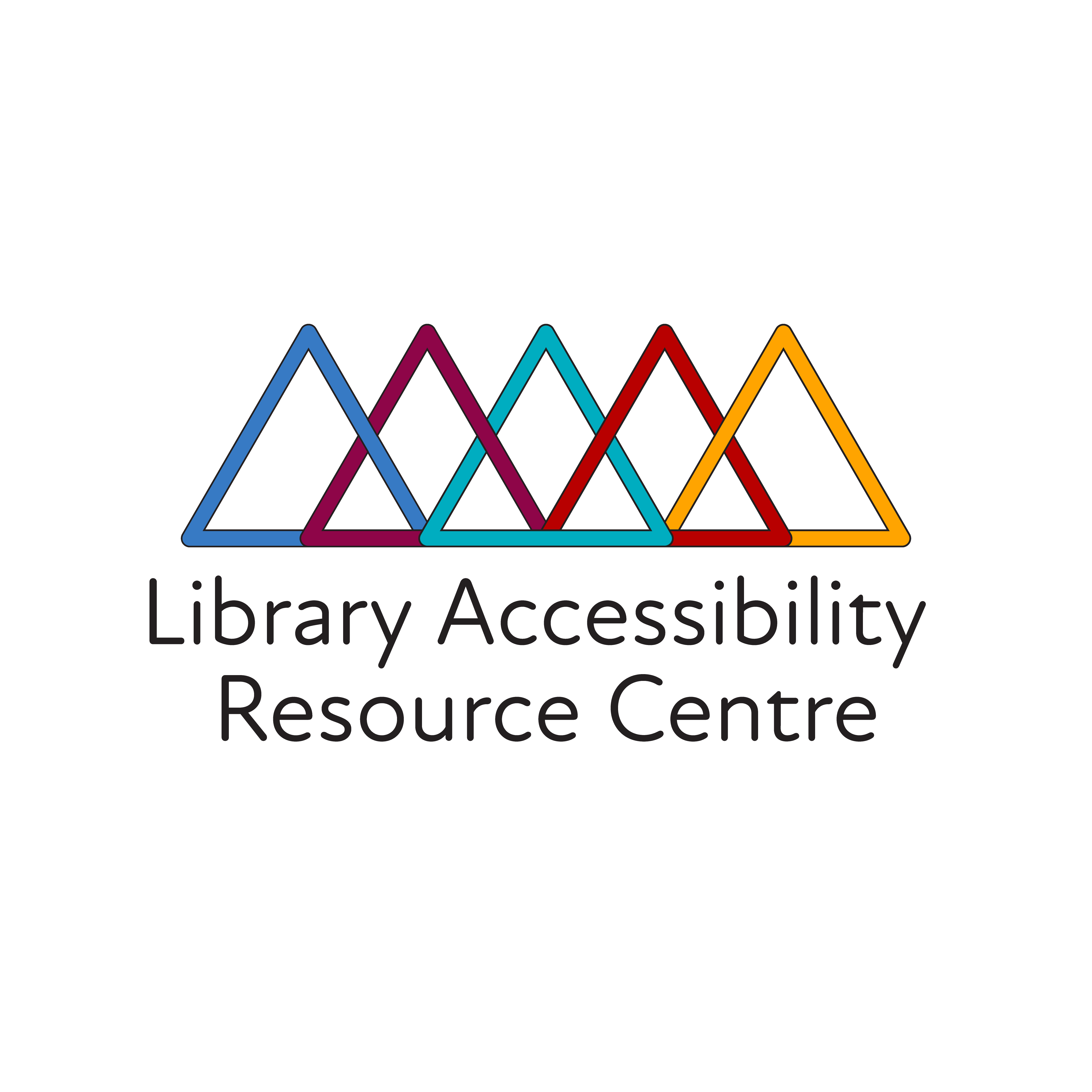 Connected differing coloured mountainous triangles: blue, purple, teal, red, and yellow each representing a disability. The text Library Accessibility Resource Centre is below the triangles.