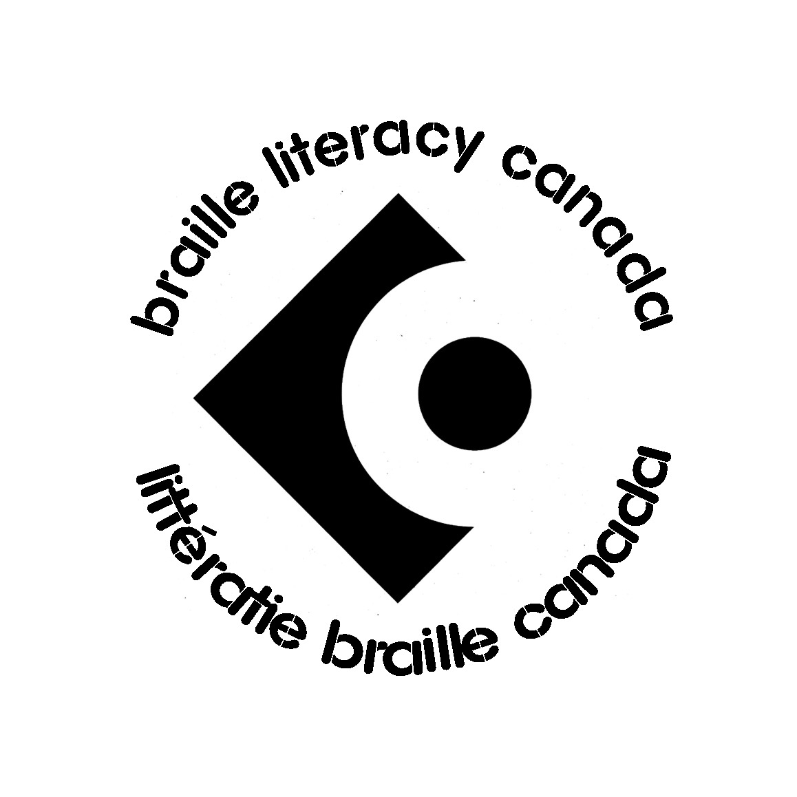 Braille Literacy Canada logo. Black text on a white background: braille literacy canada curves around an image at the top; littératie braille canada curves around the icon at the bottom. The icon is a black square with a white circle cutting out a black dot